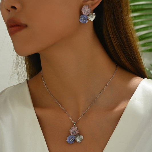 Juego de collar y pendientes de aleación minimalista floral con acabado esmaltado para mujer