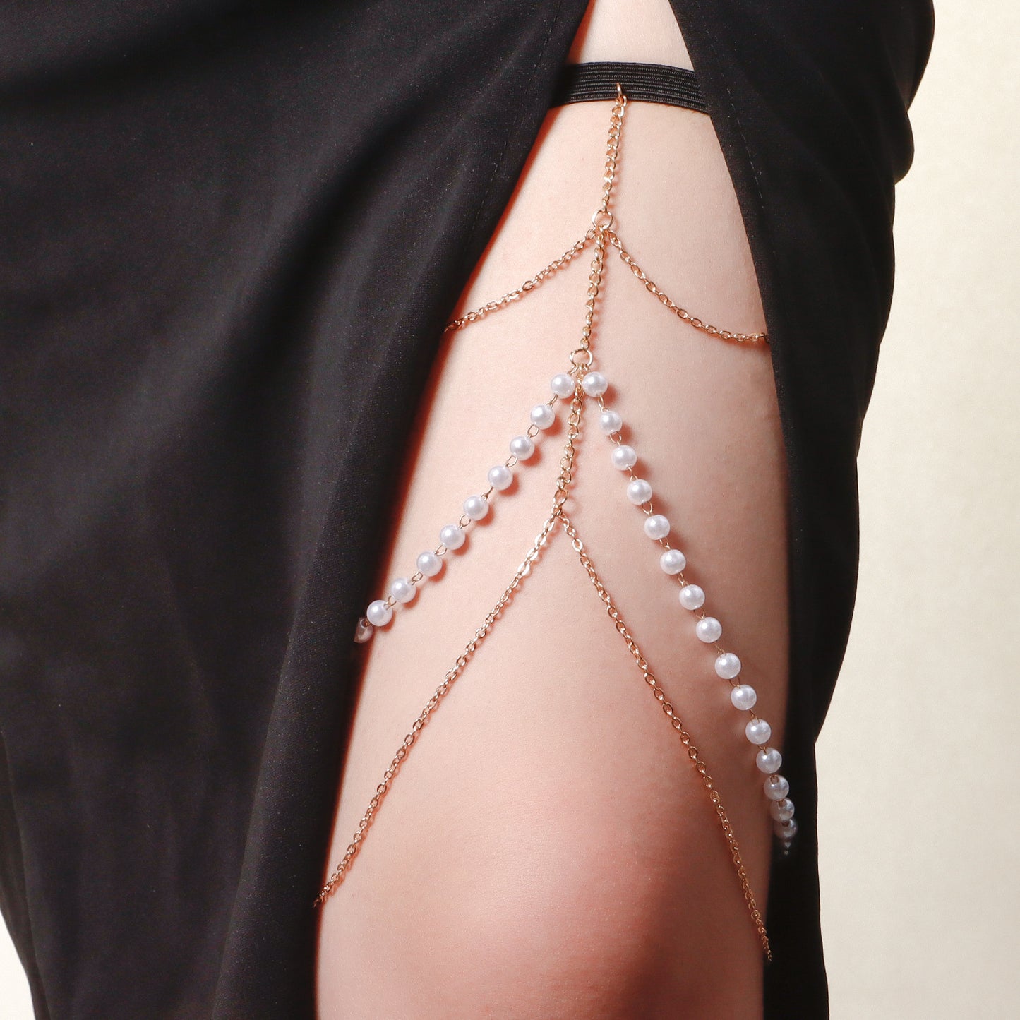 Geometric Alloy Anklet for Women with White Simulated Pearl Accents Long Body Chain Fashion Anklet