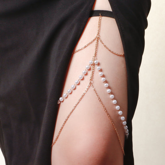 Tobillera de aleación geométrica para mujer con detalles de perlas simuladas blancas, tobillera de moda con cadena para el cuerpo larga