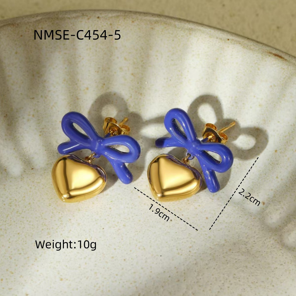 Orecchini da donna alla moda in acciaio inossidabile con fiocco e a forma di cuore, placcati in oro 18 carati e finitura smaltata