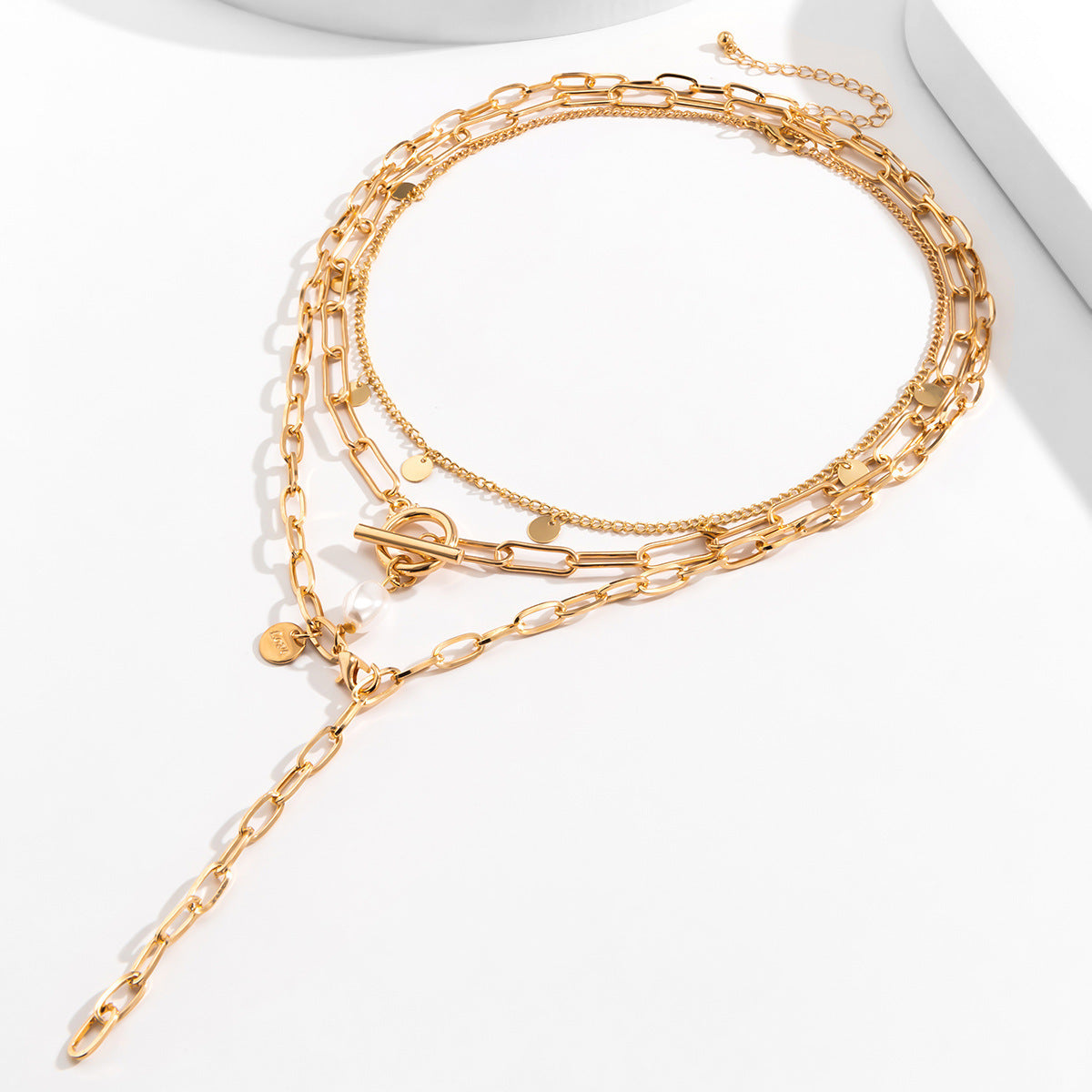 Minimalist Geometric Pearl Pendant Alloy Plated Singapore Chain Necklace for Women