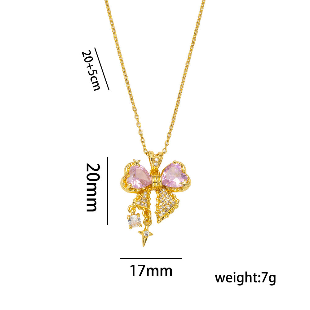 Luxury Bow-Shaped Zirconia Pendant Necklace for Women in Titanium Steel with Vacuum Plating and O-Chain