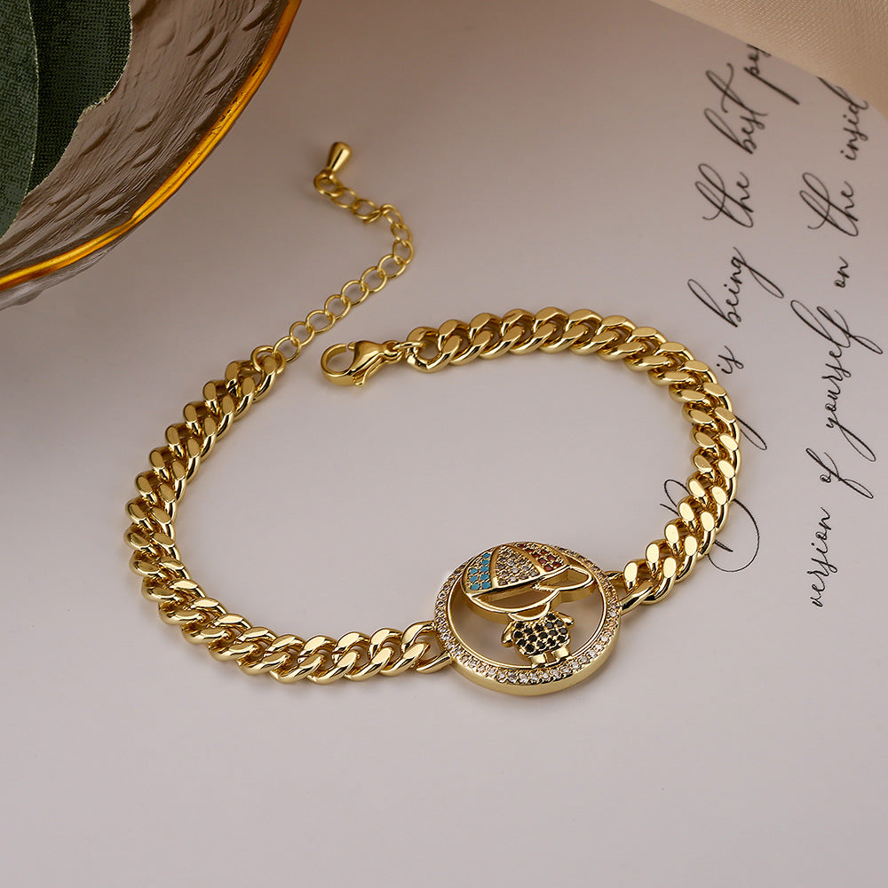 Bracciale da donna a maglia cubana geometrica e minimalista in rame con zirconi micro-pavé