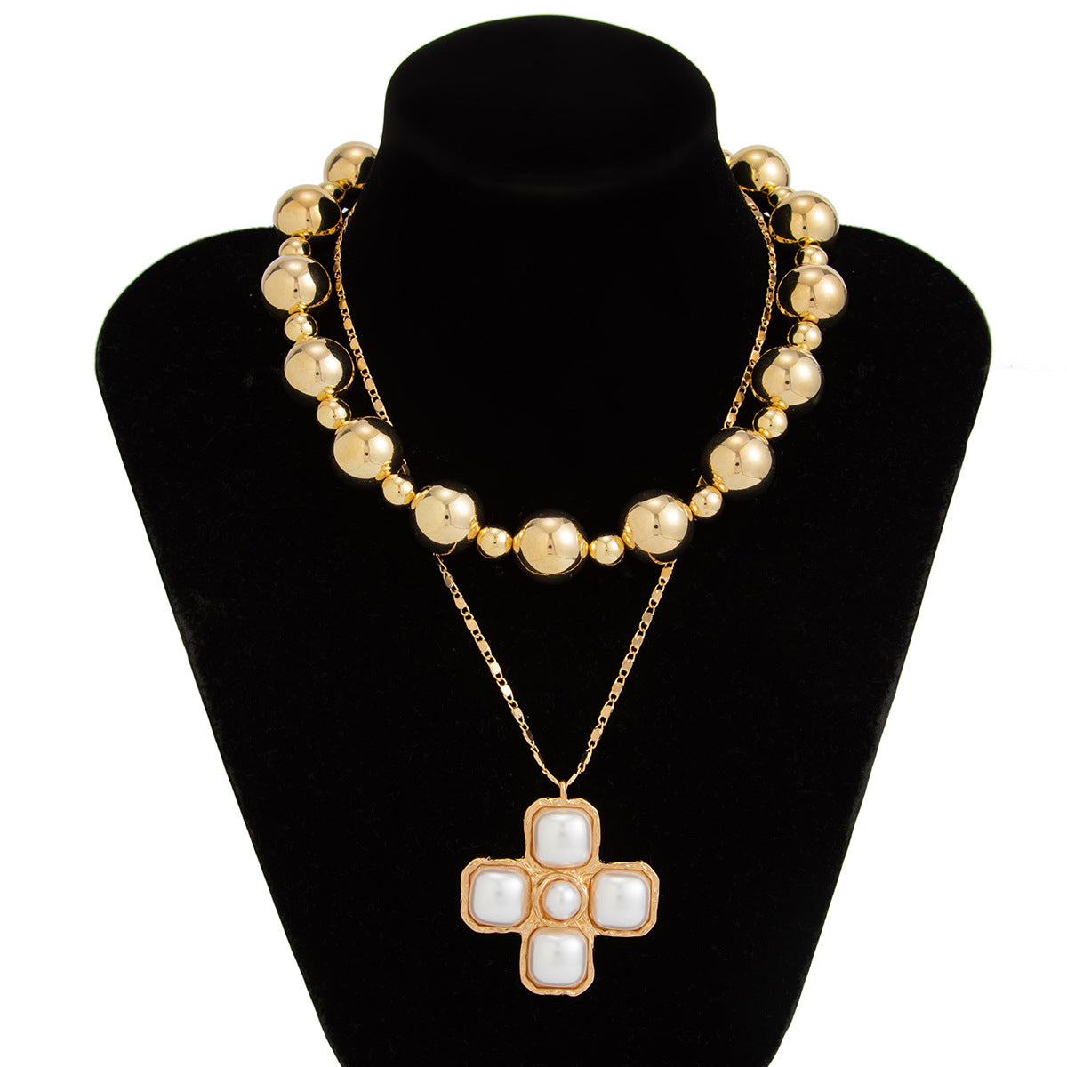 Punk Hip-hop Plated Alloy Cross Pendant Ball Chain Necklace for Women