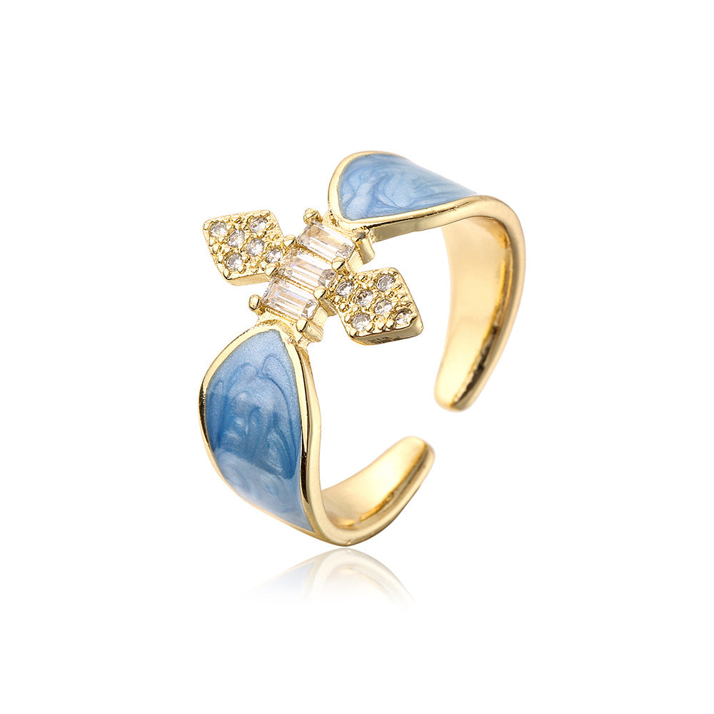 INS Style Geometric Open Ring for Women Made of Copper with 18K Gold Plating Micro-Pave Zirconia and Enamel Finish