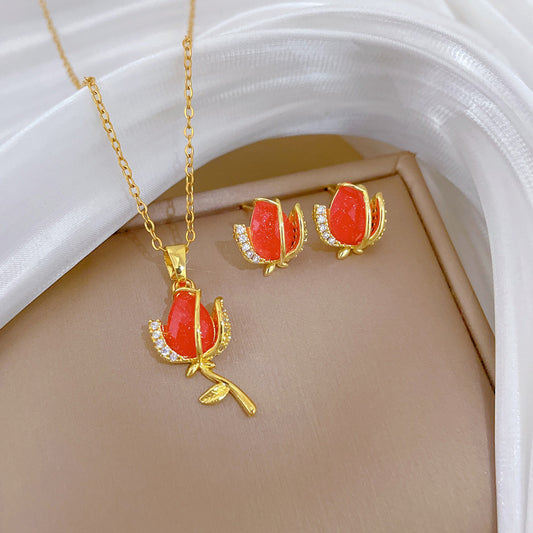 Sweet Minimalist Red Rose and Moon Rhinestone Pendant Titanium Steel Necklace Set for Unisex