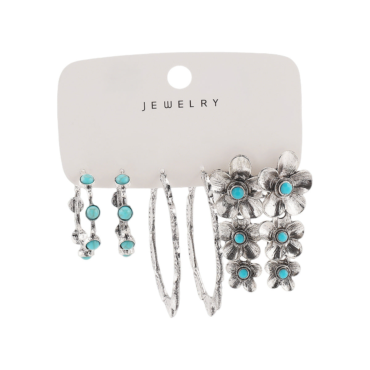 Pendientes Étnicos Vintage de Círculo Grande Geométrico Floral Turquesa con Incrustaciones y Acabado Chapado para Mujer