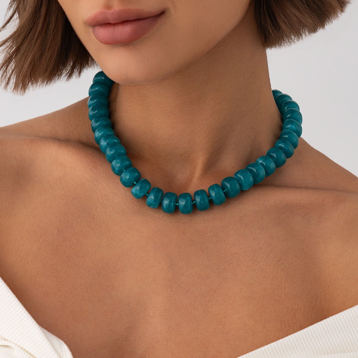 Sweet Geometric Gradient Resin Beaded Necklace Stainless Steel Chain Women's Jewelry