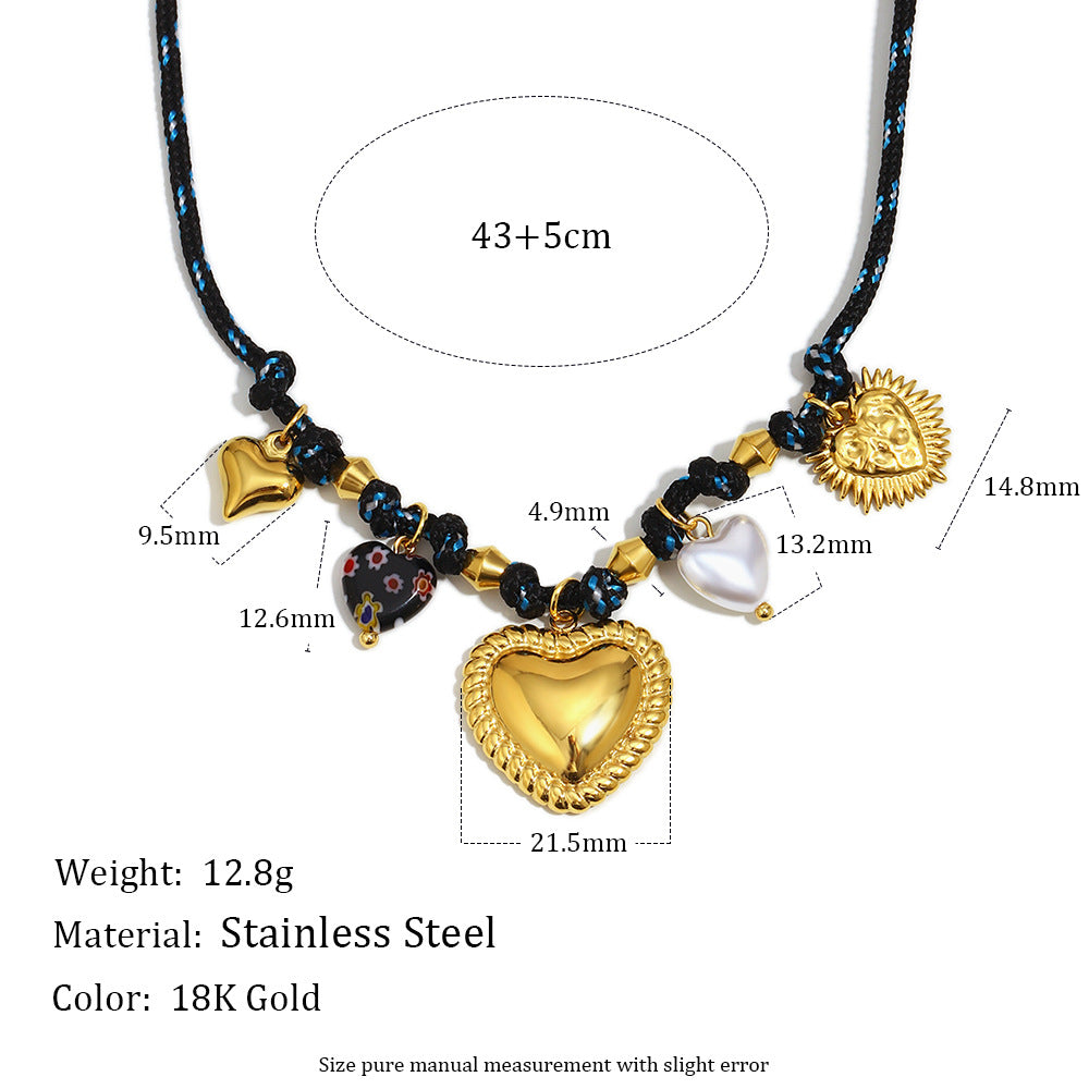Minimalist Heart-Shaped Stainless Steel Necklace with 18K Gold Plating and Woven Rope Chain for Women