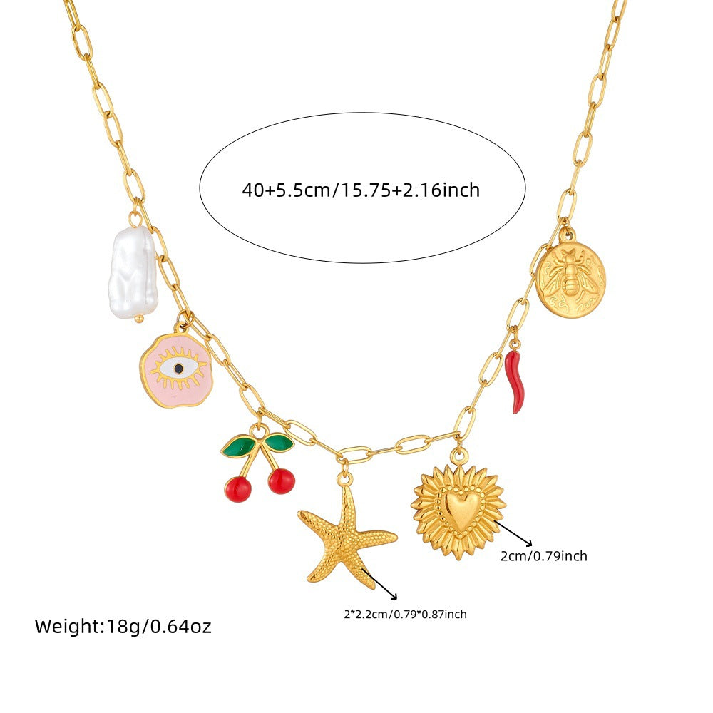 Cartoon Cherry Heart Drip Oil Stainless Steel Pendant Necklace with Box Chain for Women