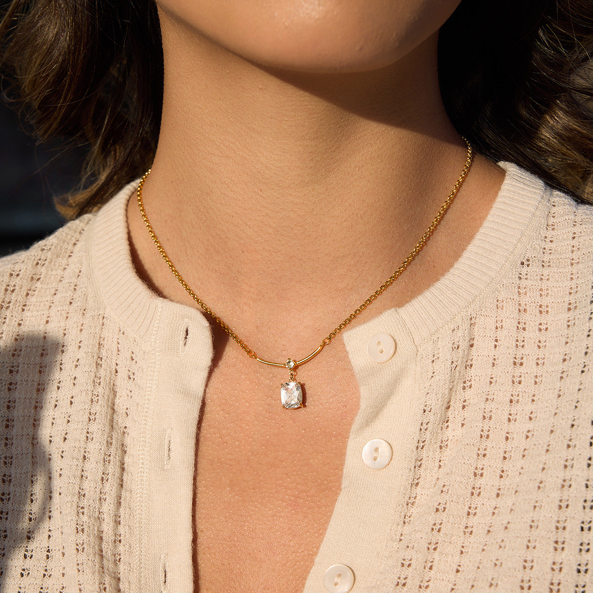 Minimalist Geometric Square Stainless Steel PVD Cubic Zirconia Pendant Necklace for Women