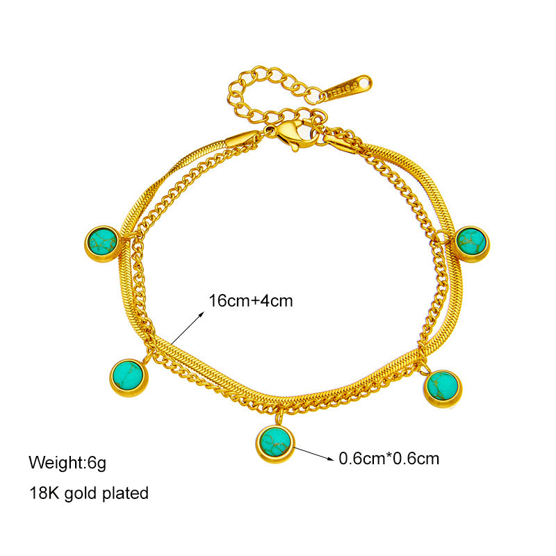 Vintage Minimalist Titanium Steel Double-Layer Turquoise Pendant Bracelet with Plated Finish