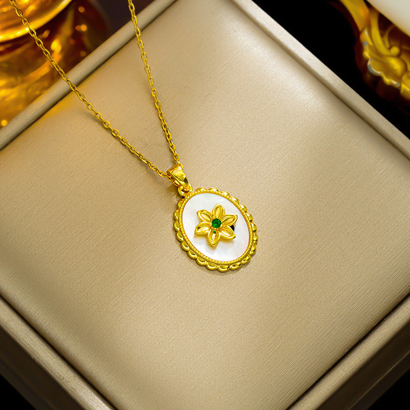 Collar de Cadena O de Acero de Titanio Chapado en Oro de 18K con Colgante de Flor Redonda de Nácar Blanco Lujoso Vintage para Mujer