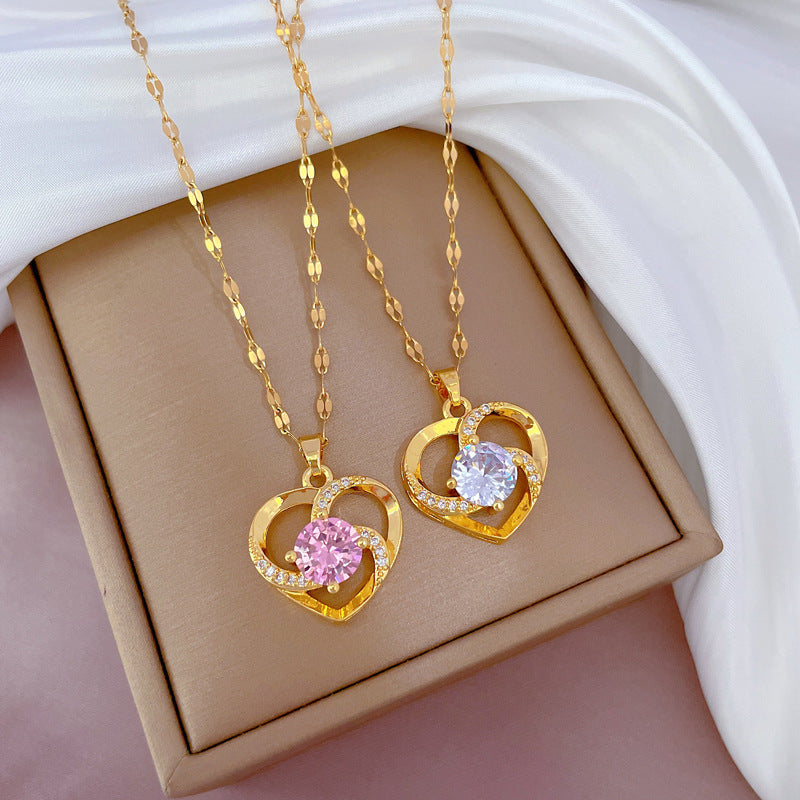 Collana geometrica di lusso Sweet Heart per donna in acciaio inossidabile con ciondolo strass Catena clavicola in acciaio al titanio