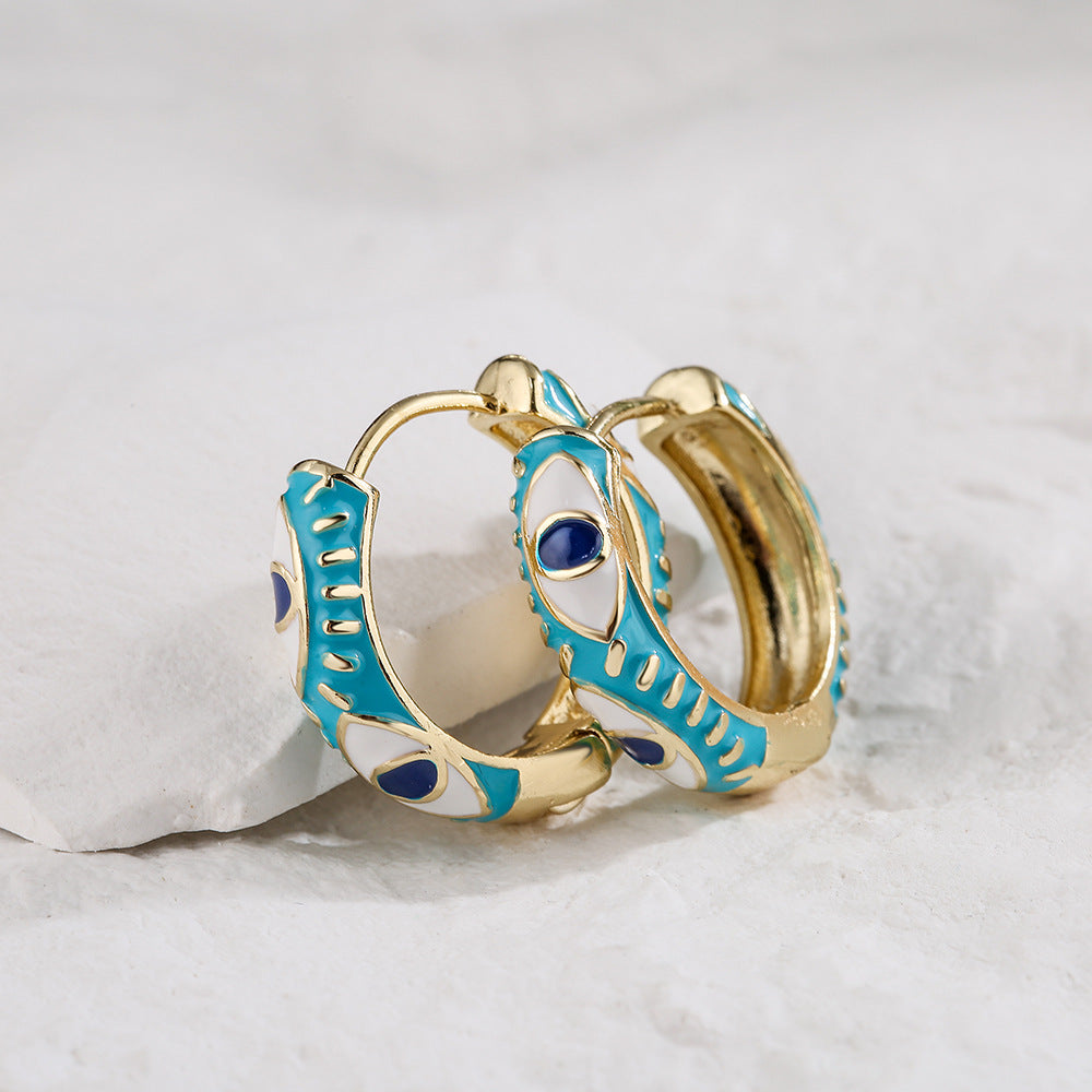 Bohemian Style Geometric Copper Hoop Earrings with 18K Gold Plating and Enamel Eye Detail for Women