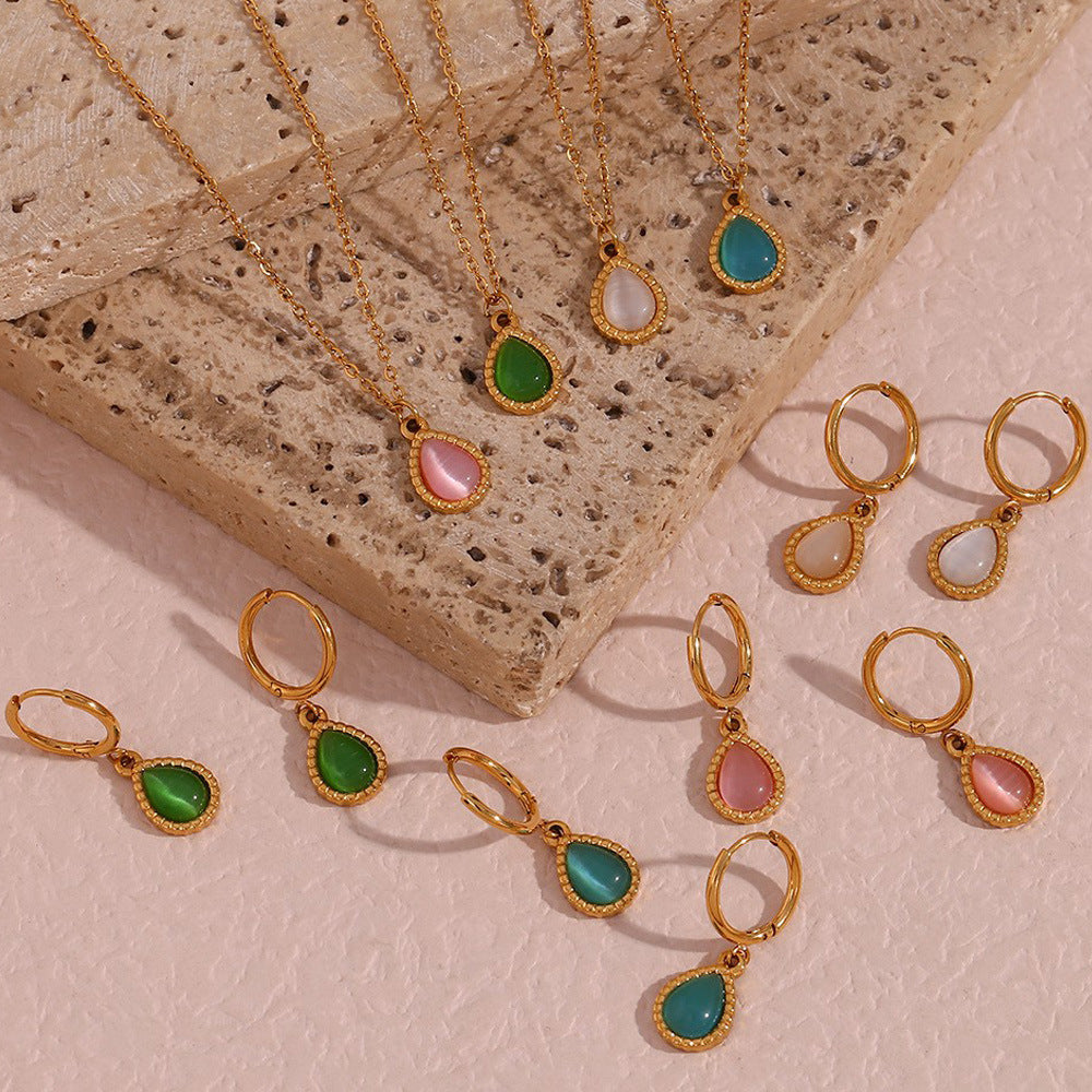 Collana con Pendente a Goccia in Pietra Occhio di Gatto, Stile Minimalista, in Acciaio Inossidabile Placcato Oro, da Donna