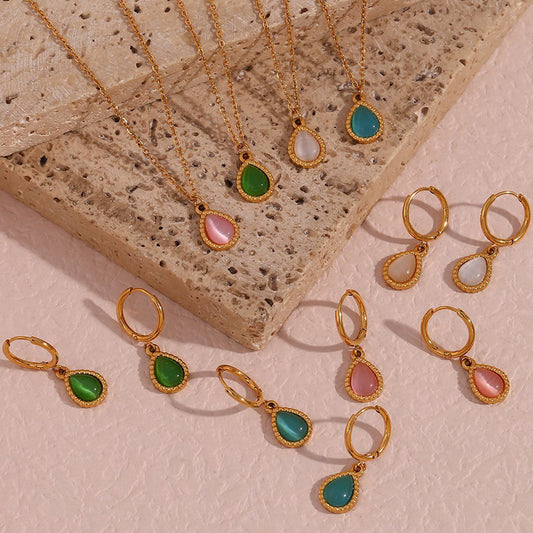 Collana con Pendente a Goccia in Pietra Occhio di Gatto, Stile Minimalista, in Acciaio Inossidabile Placcato Oro, da Donna