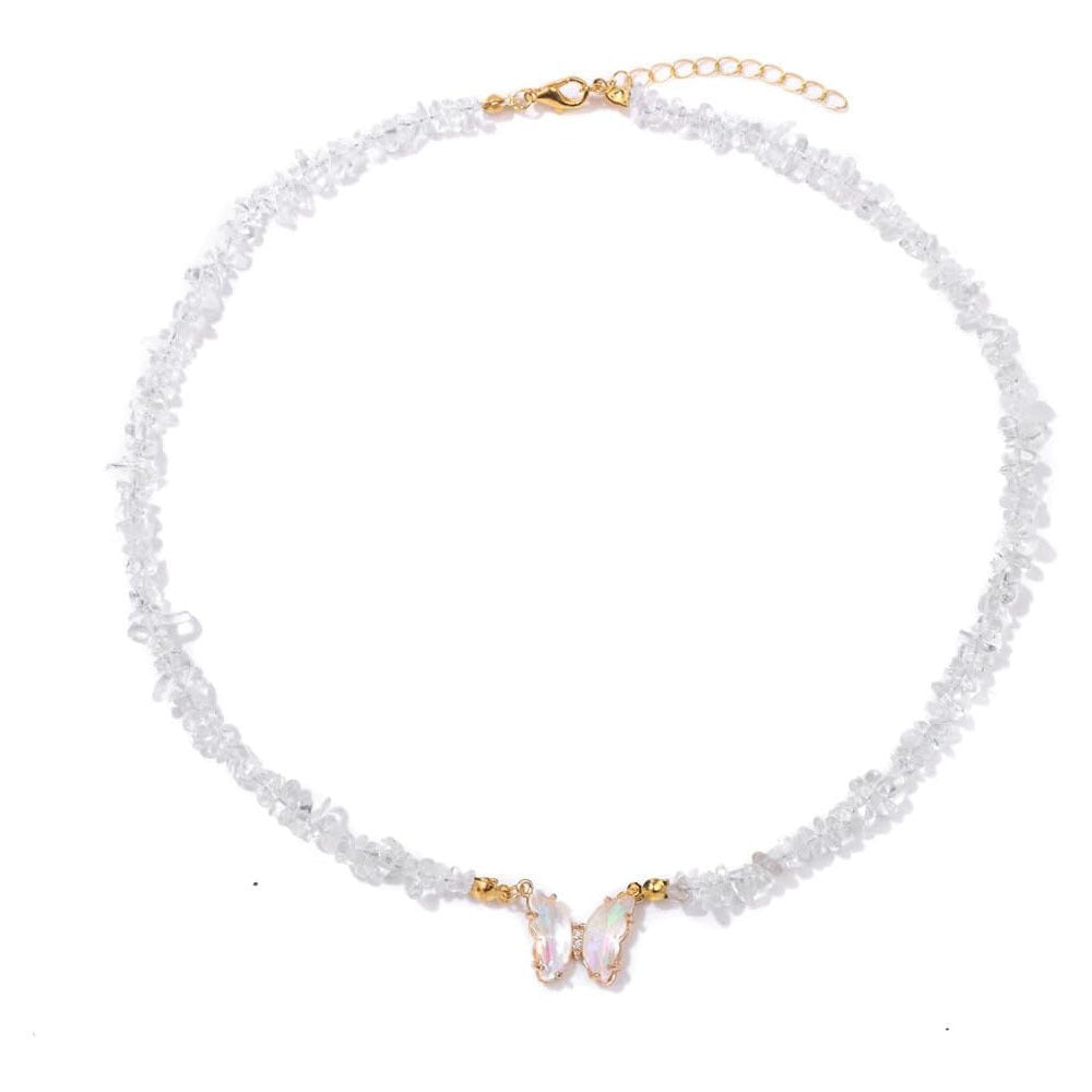 Butterfly Brass Necklace with Cubic Zirconia and Crystal Pendant Cable Chain Unisex