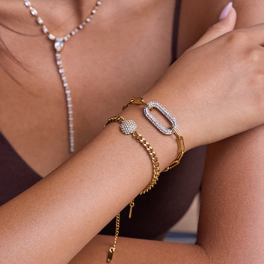 Geometric Stainless Steel Plated Bracelet with White Zircon and Turquoise for Women Luxury Minimalist Jewelry
