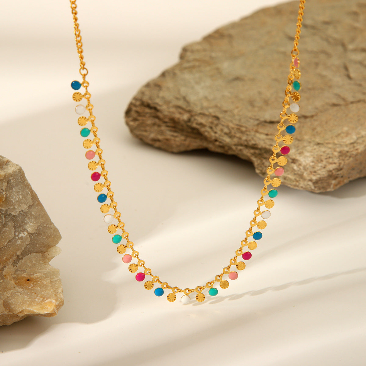 Minimalist Geometric Stainless Steel Clavicle Necklace with Enamel Accents and Tassel Pendant for Women