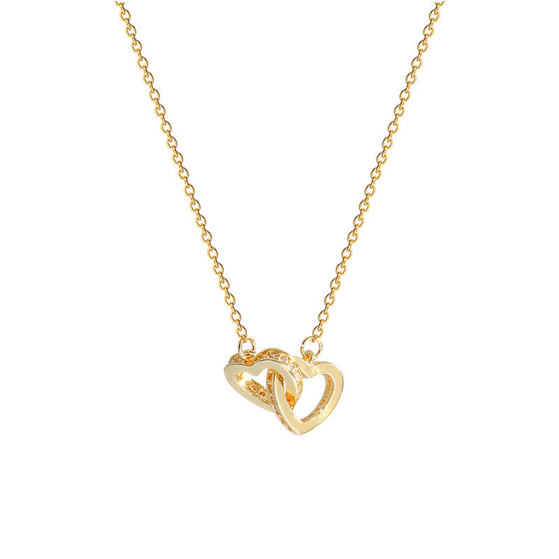 Minimalist Heart-Shaped Titanium Steel Plated 18K Gold Double Ring Pendant Necklace for Women and Men with Delicate Clavicle Chain