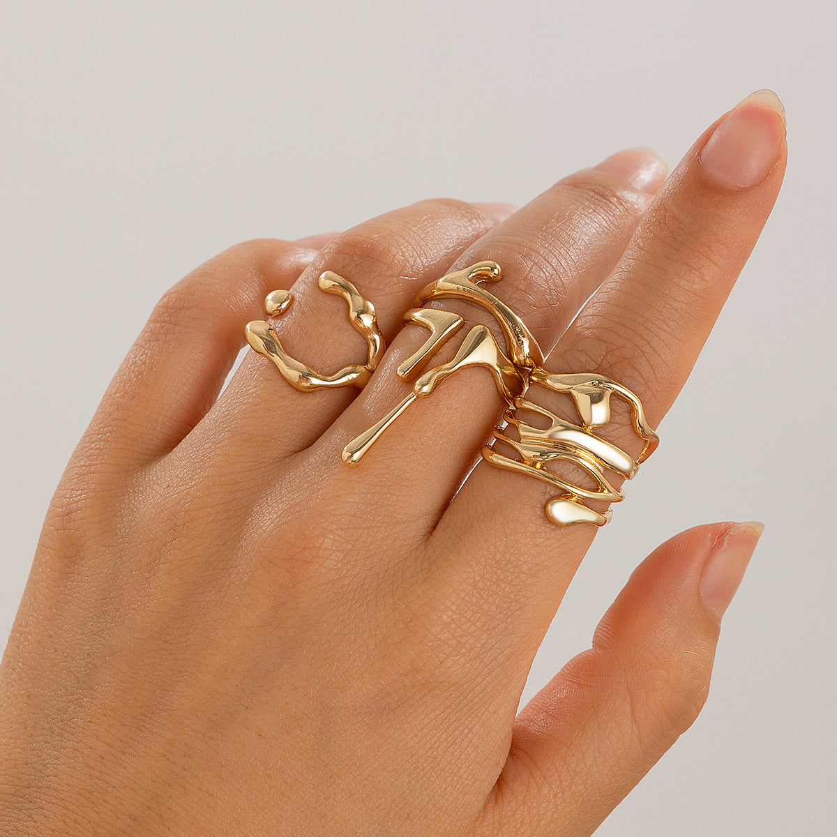 Minimalist Geometric Hollow Liquid-Design Alloy Ring Set with Polished Finish for Women