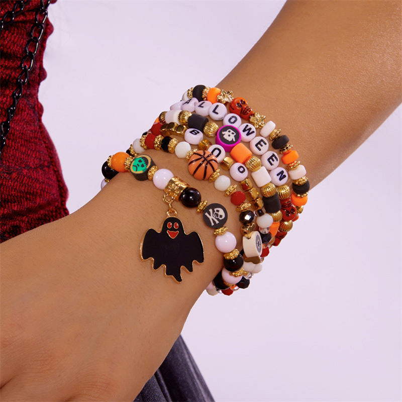 Juego de pulseras de aleación con dije de fantasma y calavera de Halloween dulce y atrevido con detalles de cuentas, regalo de festival unisex