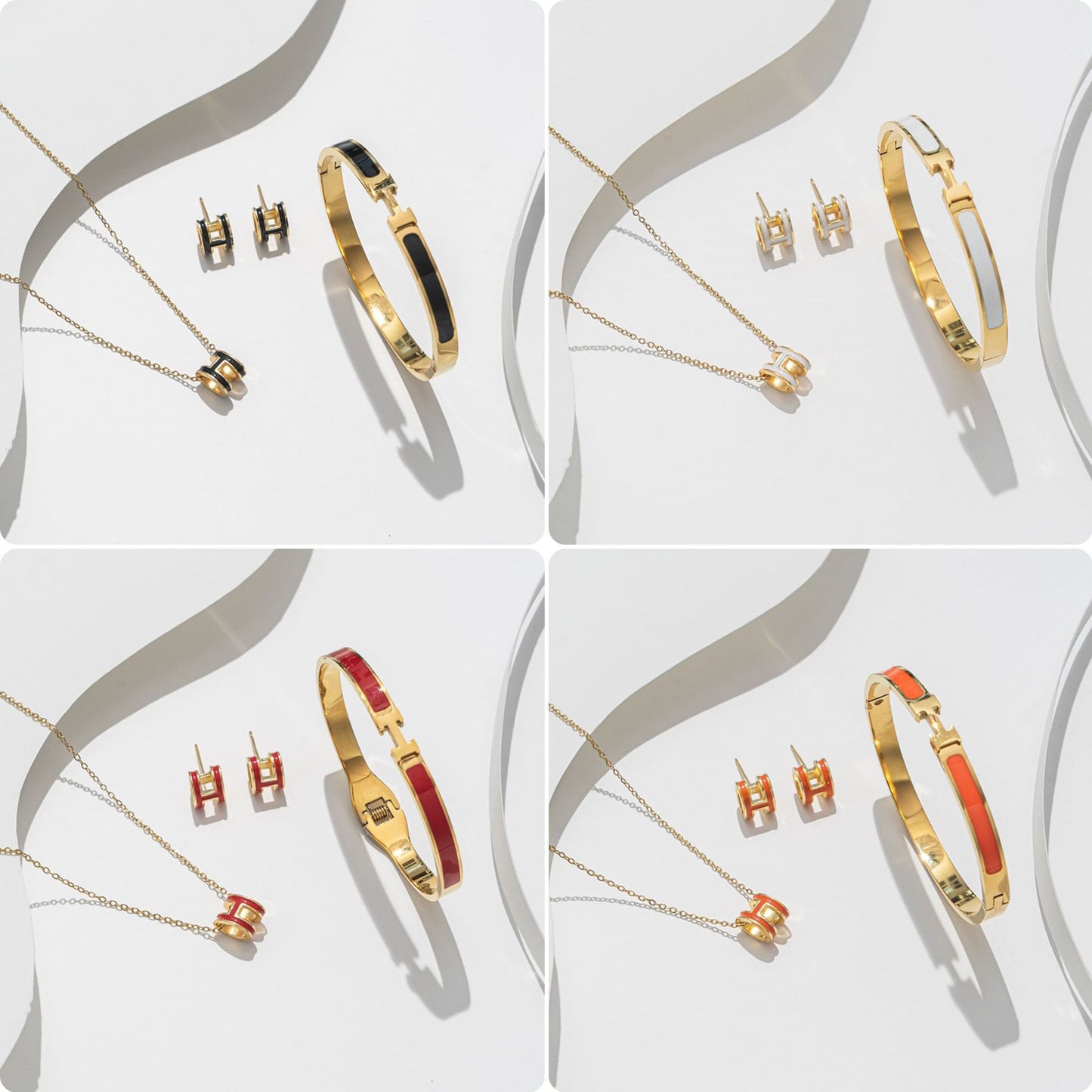 Set Minimalista di Bracciale Orecchini Collana da Donna con Lettera H in Acciaio al Titanio, Finitura Placcata Sottovuoto e Catena Ondulata
