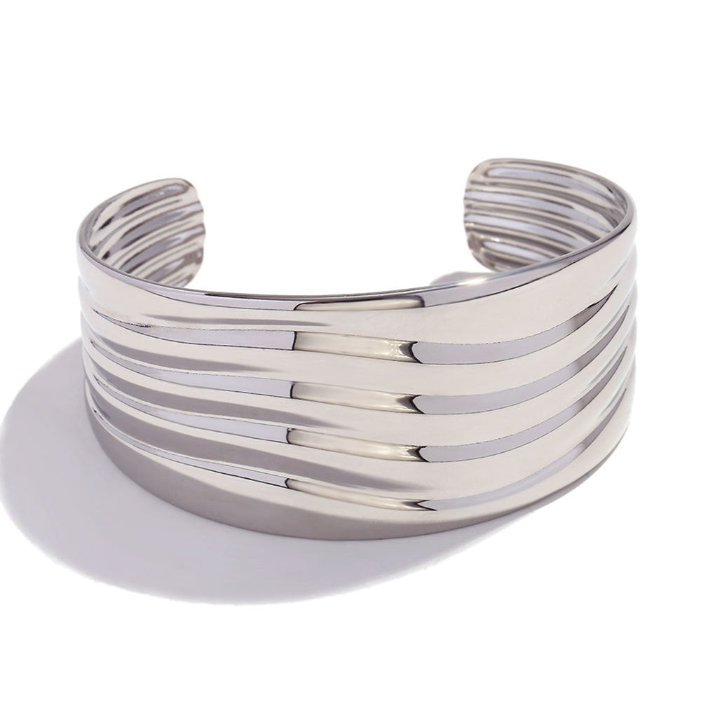 Minimalist Geometric Stainless Steel Plated 18K Gold Bamboo-Shaped Open Bangle Bracelet for Women
