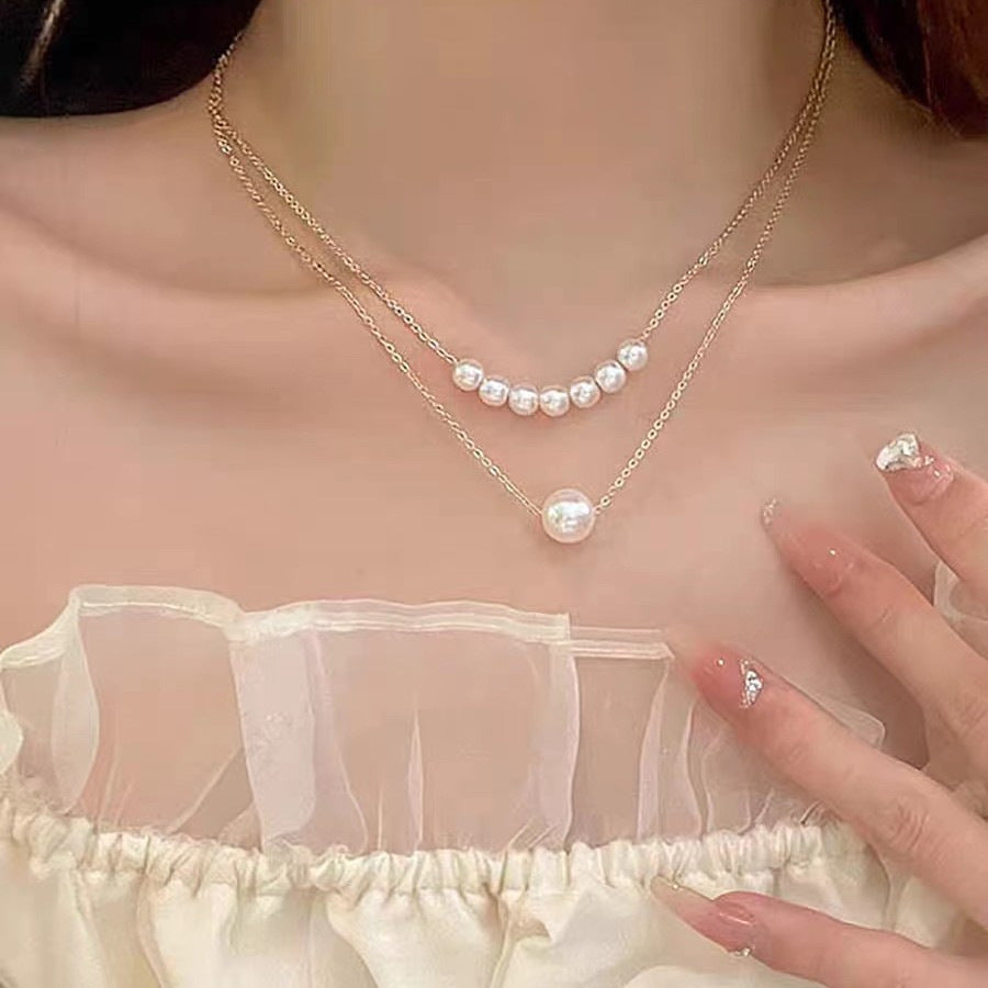 Collana da donna a doppio strato con catena a O, in acciaio al titanio, geometrica, minimalista, con intarsio in strass, girocollo