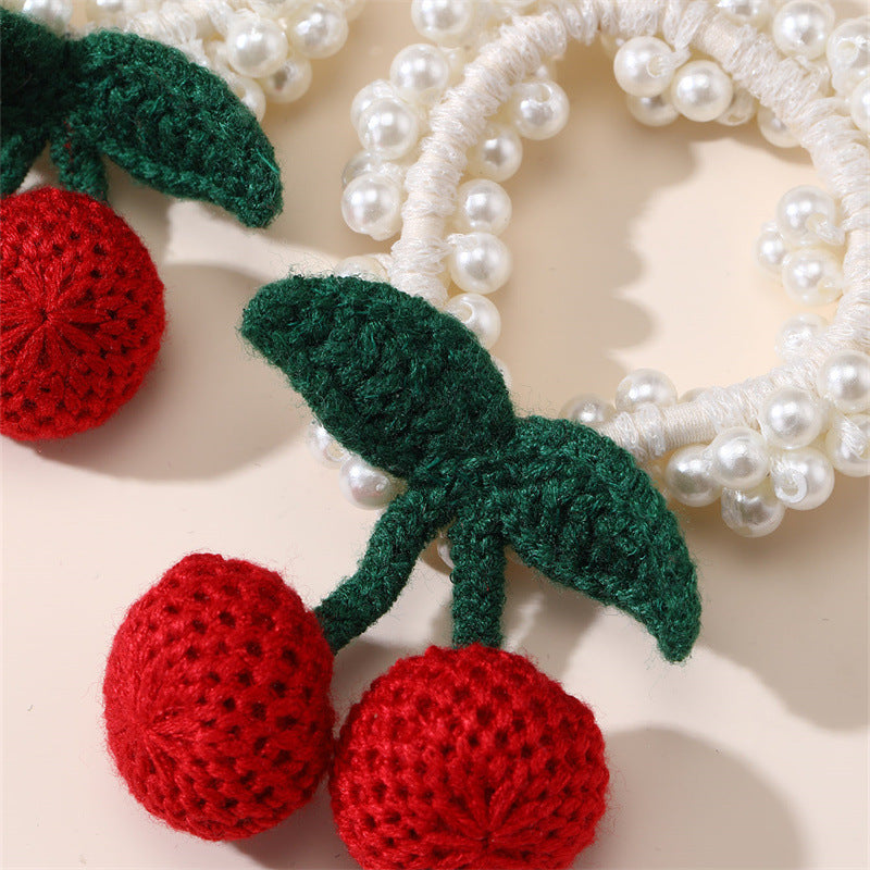 Minimalist Cartoon Cherry Knitted Hair Ring for Kids Handmade Fruit-Themed Hair Accessory with Macaron Color Palette
