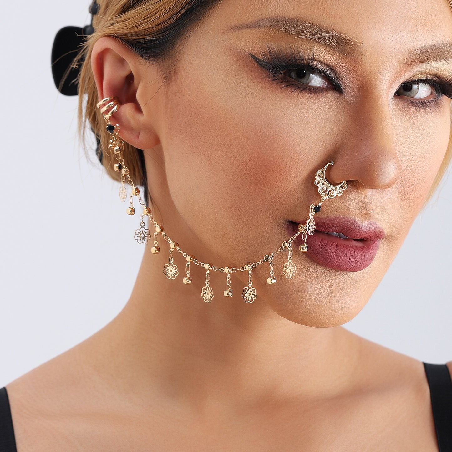 Ethnic Sweet Punk Geometric Metal Plated Nose Ring with Black Crystal Tassel