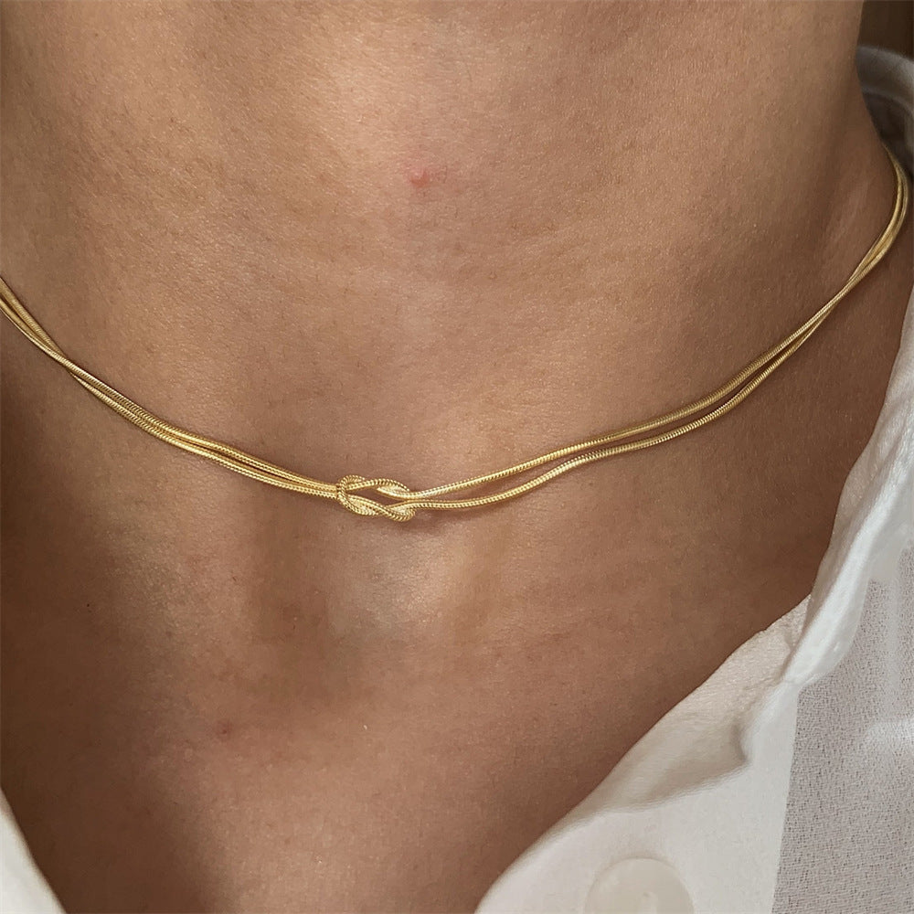 Geometric Stainless Steel Snake Chain Necklace with Hand-Knotted Detail for Women, Gold Plated and Tarnish-Resistant