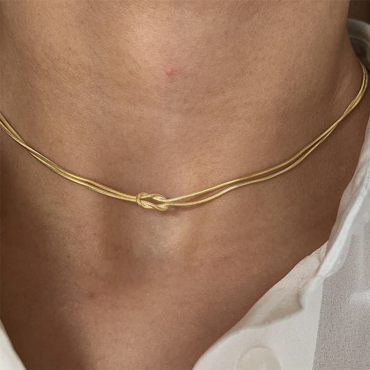 Geometric Stainless Steel Snake Chain Necklace with Hand-Knotted Detail for Women, Gold Plated and Tarnish-Resistant
