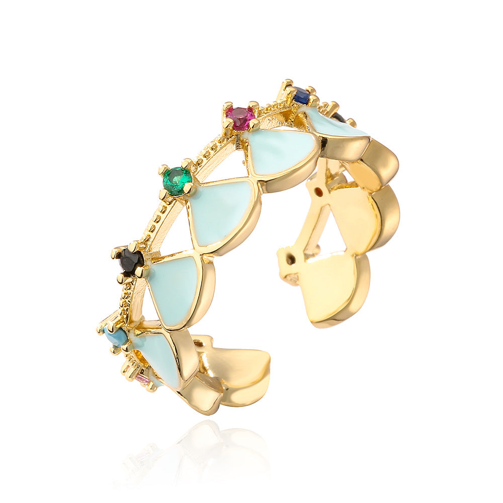 Anello Aperto Geometrico da Donna con Base in Rame Placcato in Oro 18K e Intarsio in Zirconia Smaltata