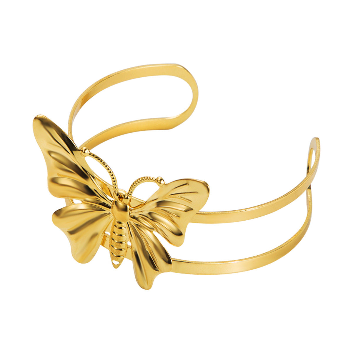 Brazalete abierto de doble capa con mariposas de hierro chapado en oro, a la moda, para mujer