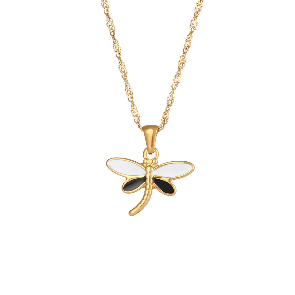 Collana con Ciondolo a Angelo Geometrico Minimalista in Acciaio al Titanio Placcato Oro 18K, Design Cuore e Libellula da Donna