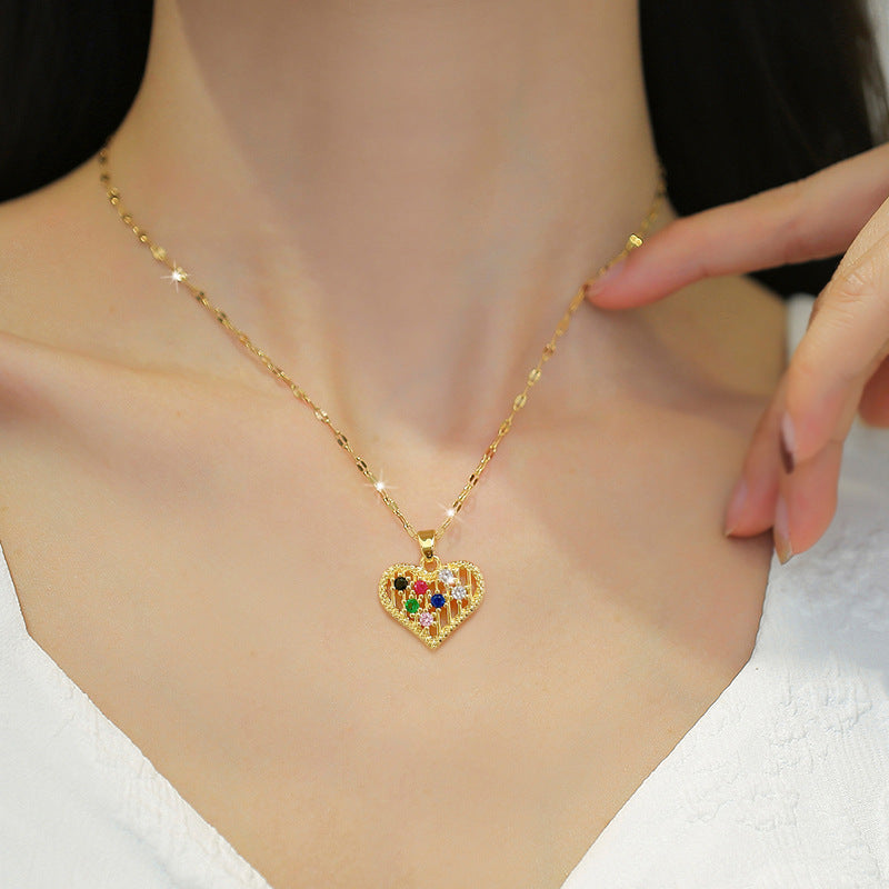 Luxury Rhinestone-Encrusted Titanium Steel Heart Pendant Necklace for Women, Adjustable Chain, Elegant Clavicle Jewelry for Wedding and Formal Events