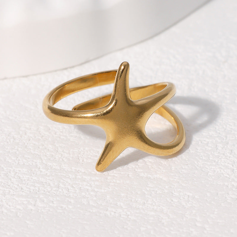 Minimalist Star-Shaped Stainless Steel Ring for Women with Plated Finish, Adjustable Open Band Design