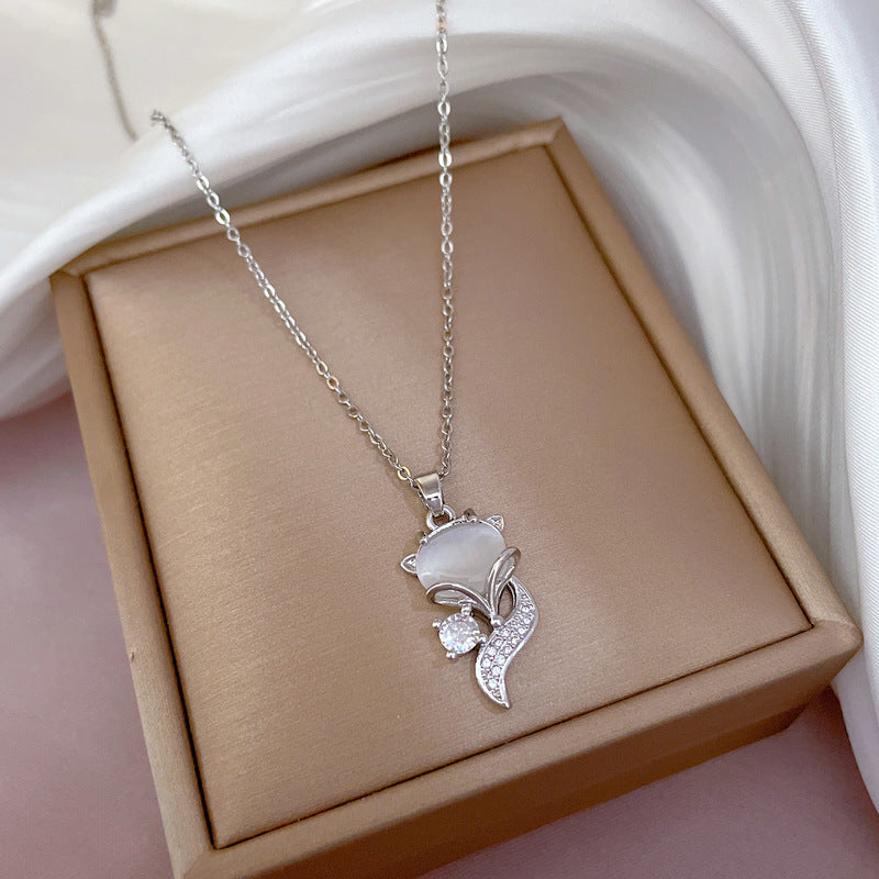 Luxury Geometric Fox Cat's Eye Pendant Necklace for Women Titanium Steel Collar Chain with Rhinestone Inlay