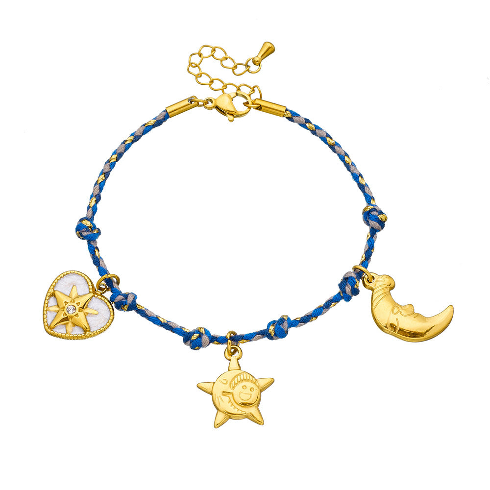 Vintage Bohemian Plated Stainless Steel Heart Star Moon Charm Bracelet for Women
