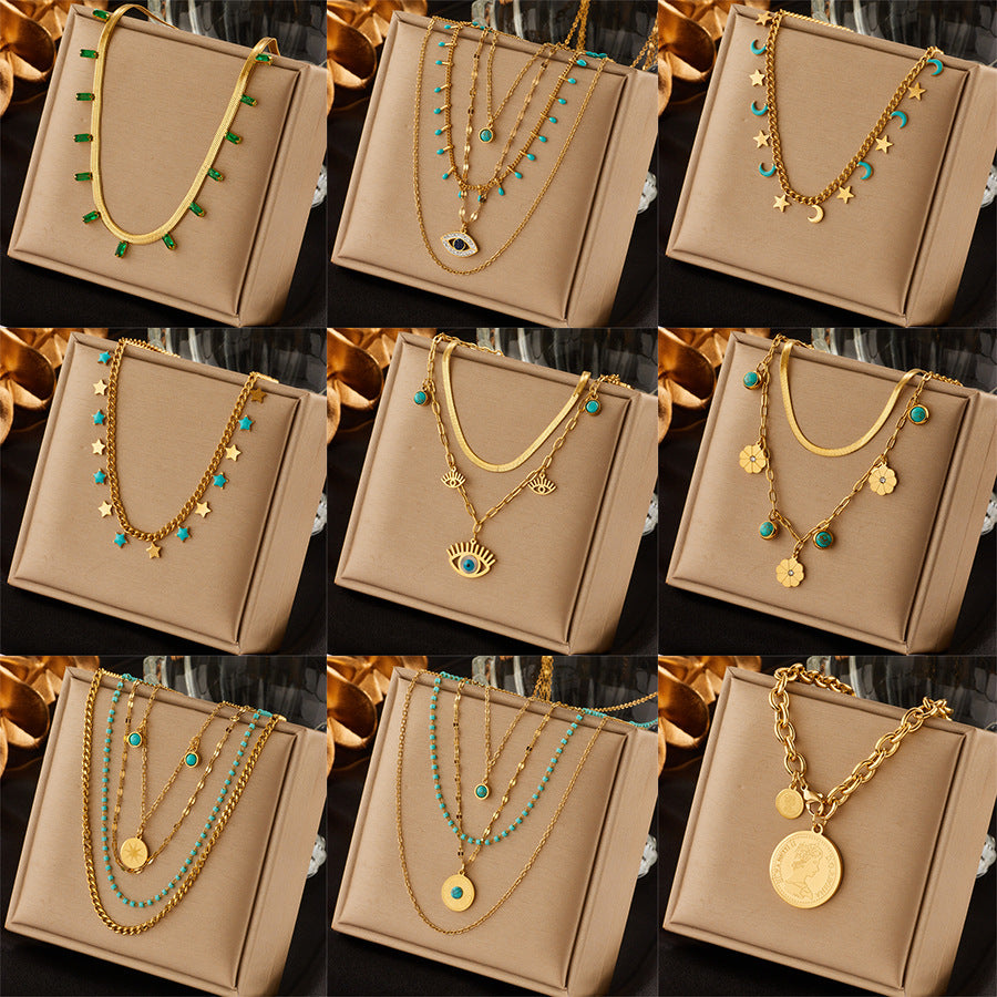Collar de Moda de Inspiración Vintage para Mujer con Diseño de Capas Irregulares, Cadena de Serpiente de Acero de Titanio con Motivos de Luna y Estrella