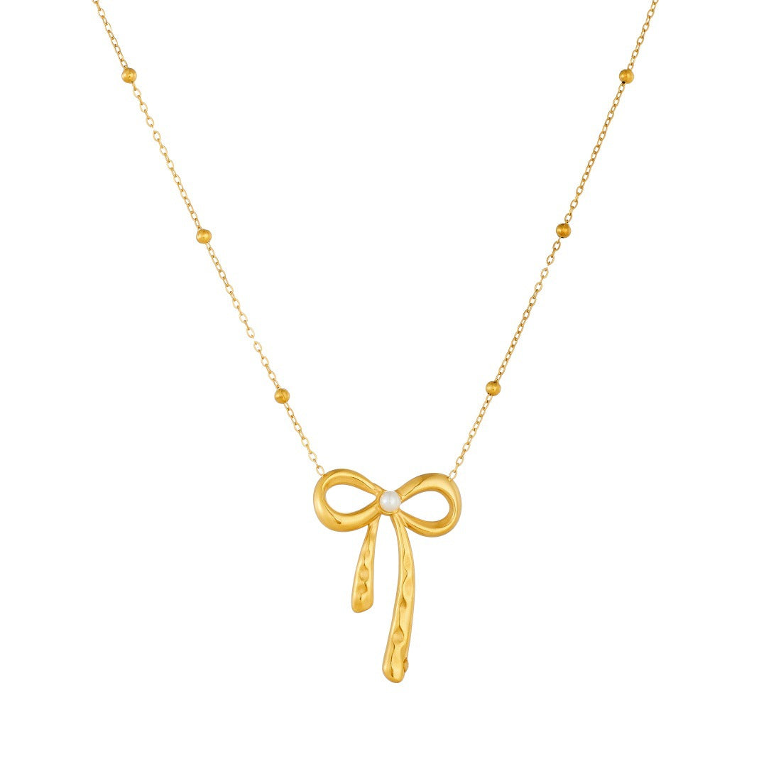 Irregular Bow Knot Heart Pendant Plated Stainless Steel Necklace with Chain Tassel for Women