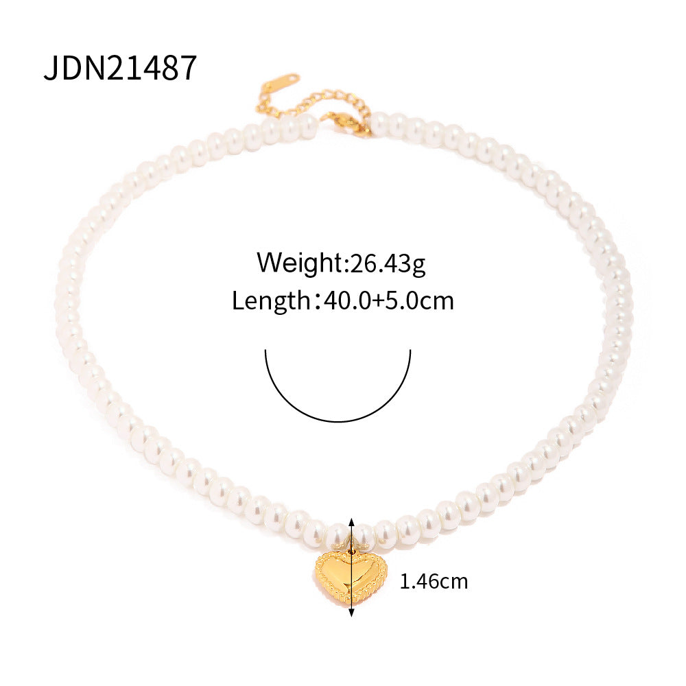 Fashionable 18K Gold Plated Stainless Steel Heart Pearl Pendant Necklace for Women