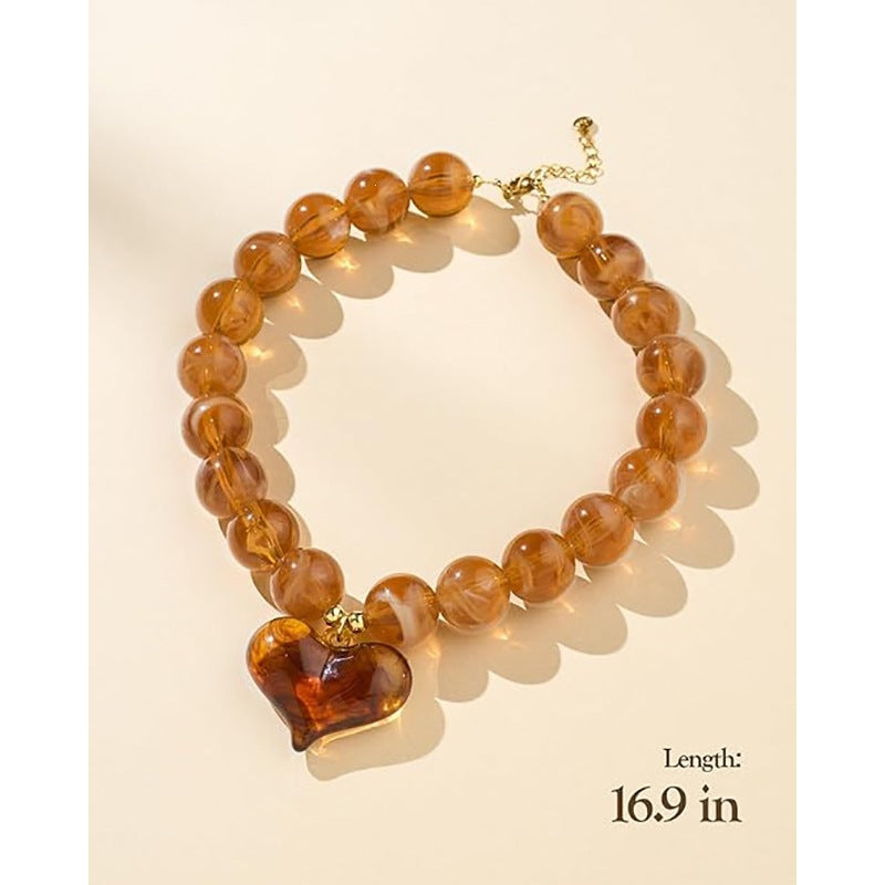 Luxury Heart Acrylic Pendant Resin Bead Necklace for Women