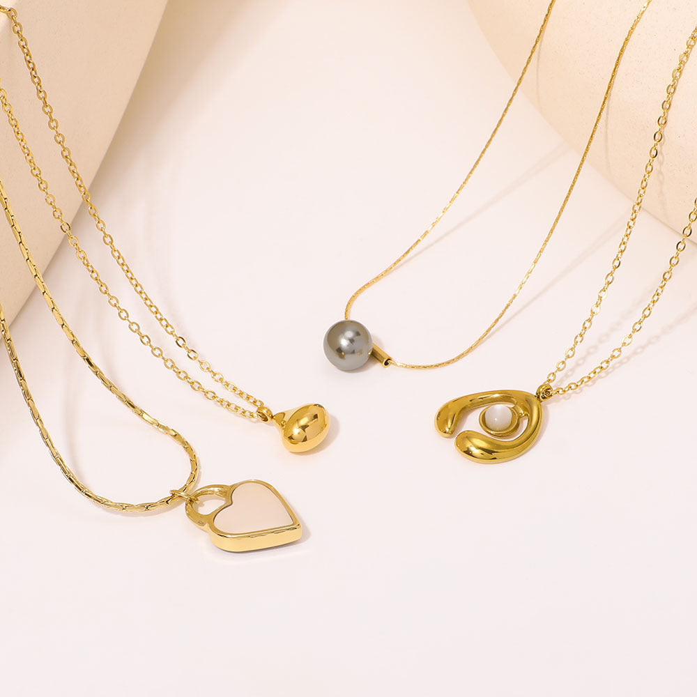 Minimalist Geometric Double-Sided Heart Pendant Necklace in Stainless Steel with Pearl and Abalone Inlay, Vacuum-Plated 18K Gold Finish
