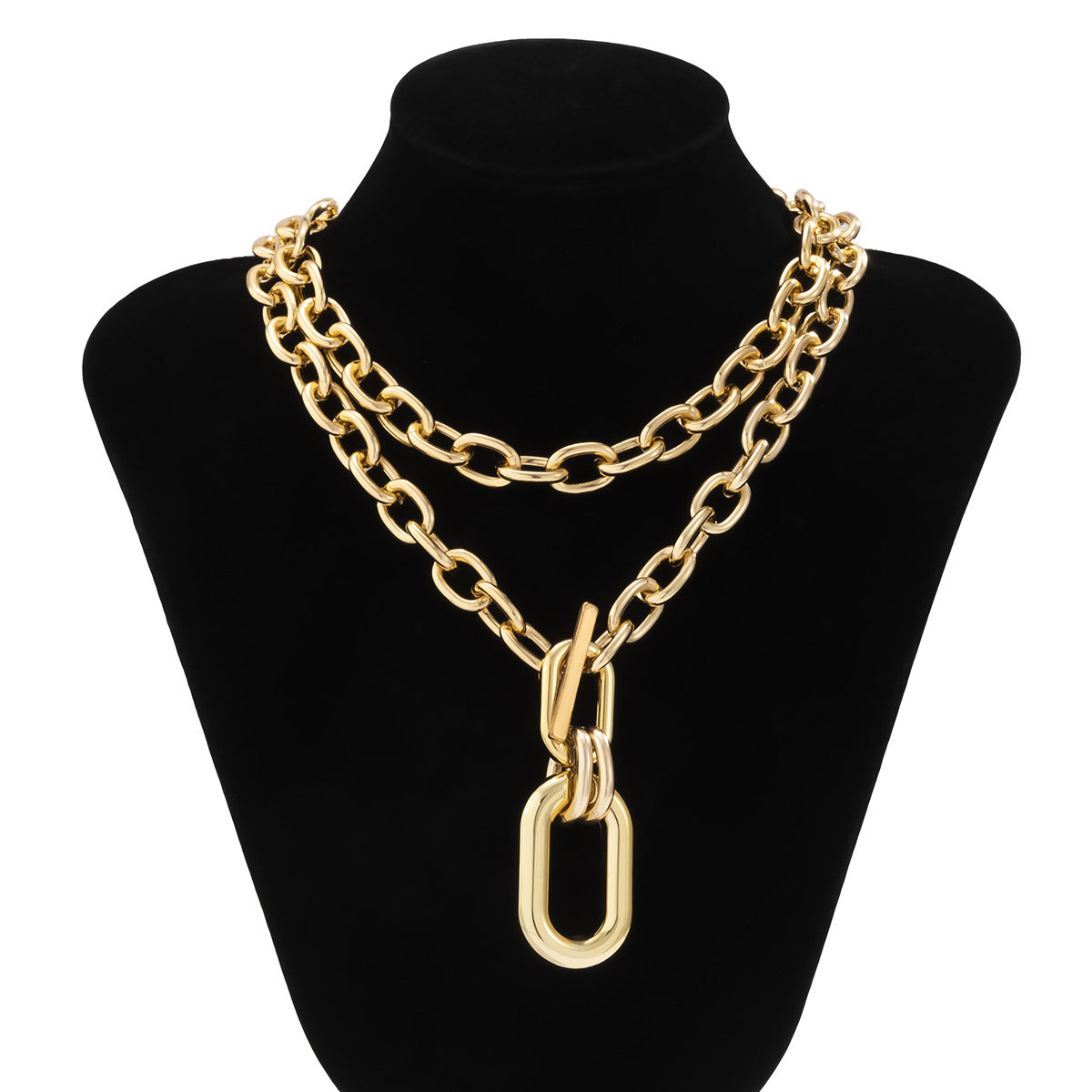 Collana pendente a croce geometrica stile punk da donna con catena multistrato in lega galvanizzata e chiusura OT