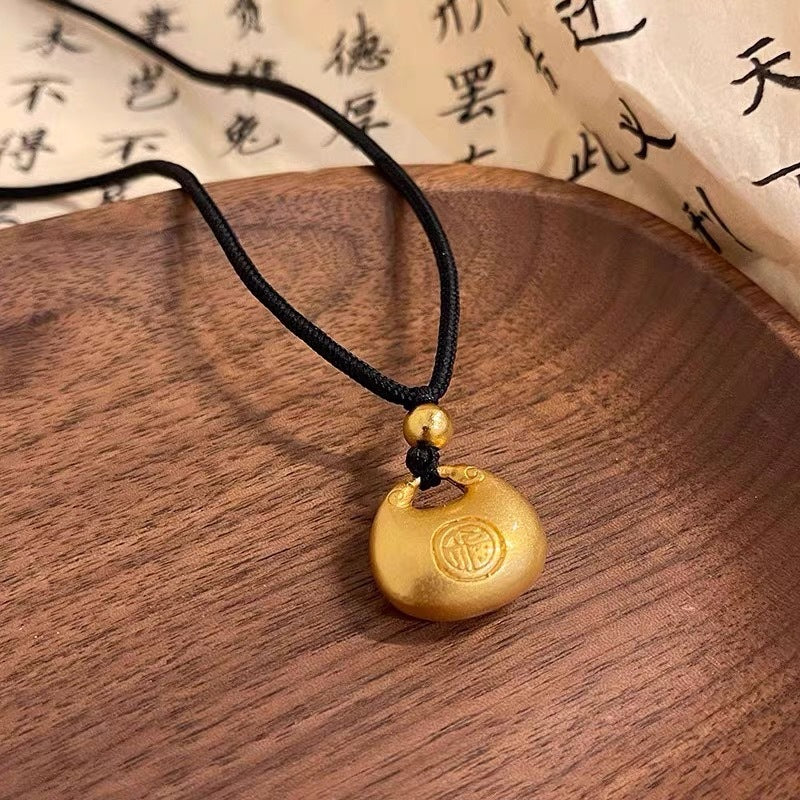 Original Design Feng Character Pendant Necklace for Women and Men in Titanium Steel with Plated Finish on Black Cord