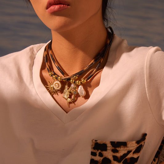 Collar de cuero con estampado geométrico de leopardo Fashion OL con colgante de sol y pájaros de acero inoxidable en cadena de clavícula de acero titanio electrochapado para mujer