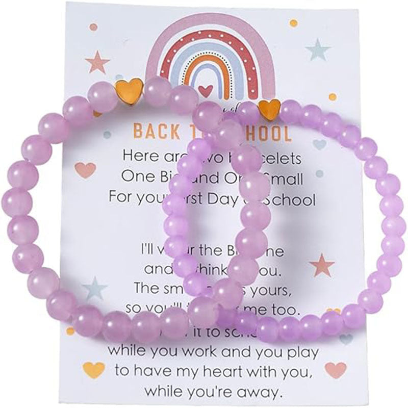 Natural 8mm Pink Crystal Beaded Bracelet Set with Heart Pendant Geometric Charm Unisex Jewelry Gift